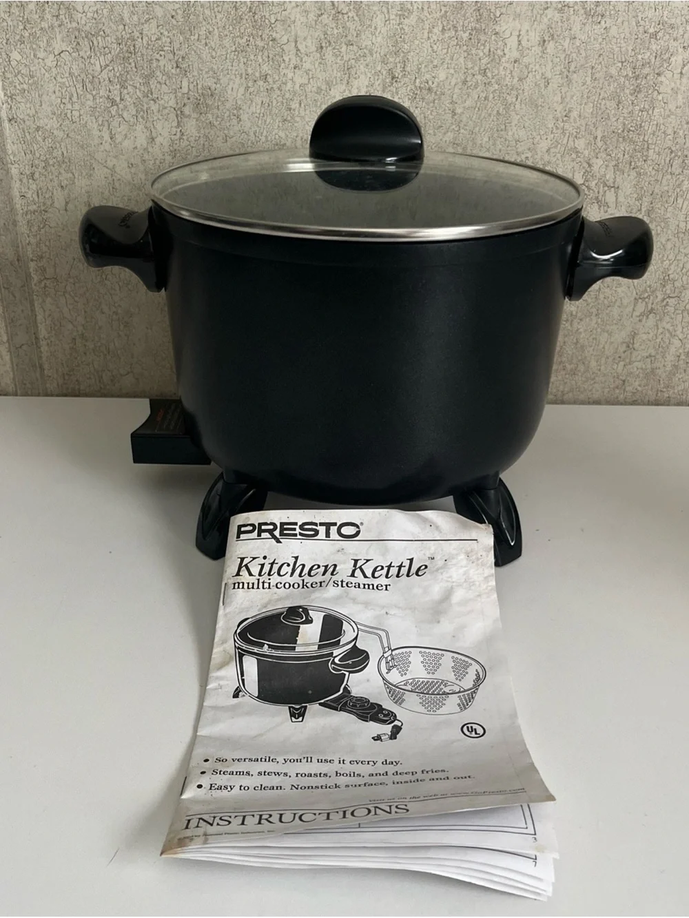 Presto Multi Cooker Steamer Deep Fry Black 6 Quart Glass lid New 0600010